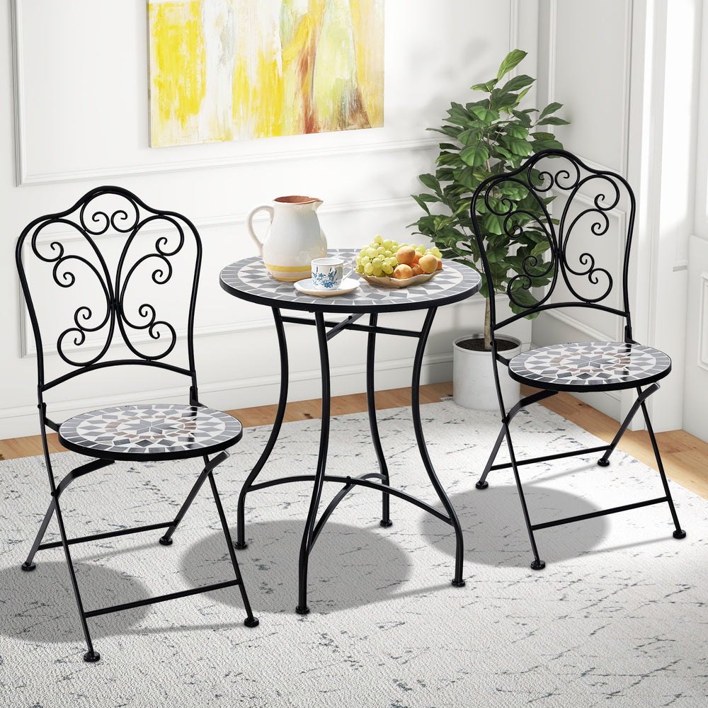 Black 24-inch patio bistro table with ceramic tile top and two matching chairs, perfect for indoor or outdoor.