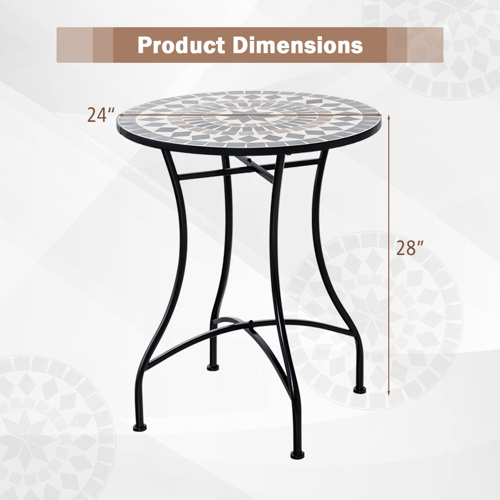 24-inch patio bistro table with ceramic tile tabletop, black metal frame, ideal for indoor and outdoor use.