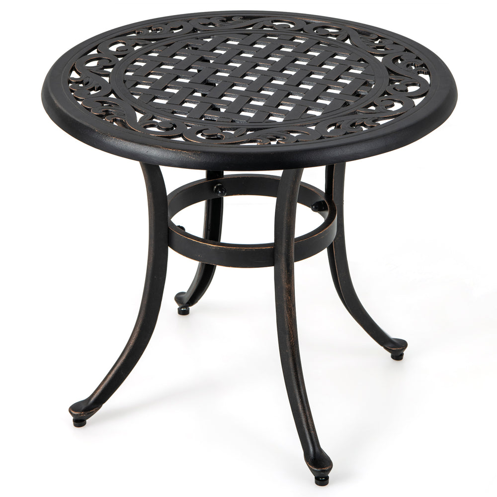 24-inch rustic brown patio side table with elegant patterns, adjustable footpads, ideal for poolside or balcony use.