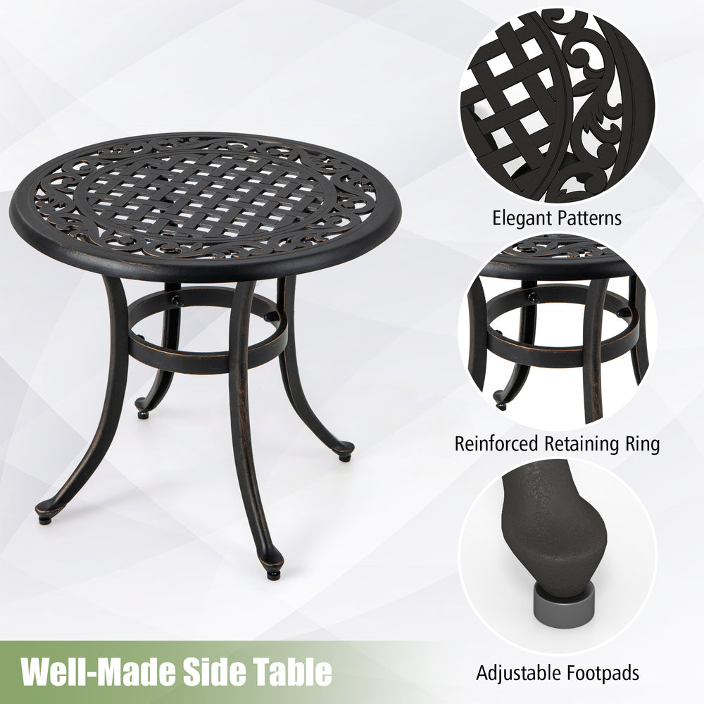 24-inch rustic brown patio side table with elegant patterns, adjustable footpads, and reinforced retaining ring for.