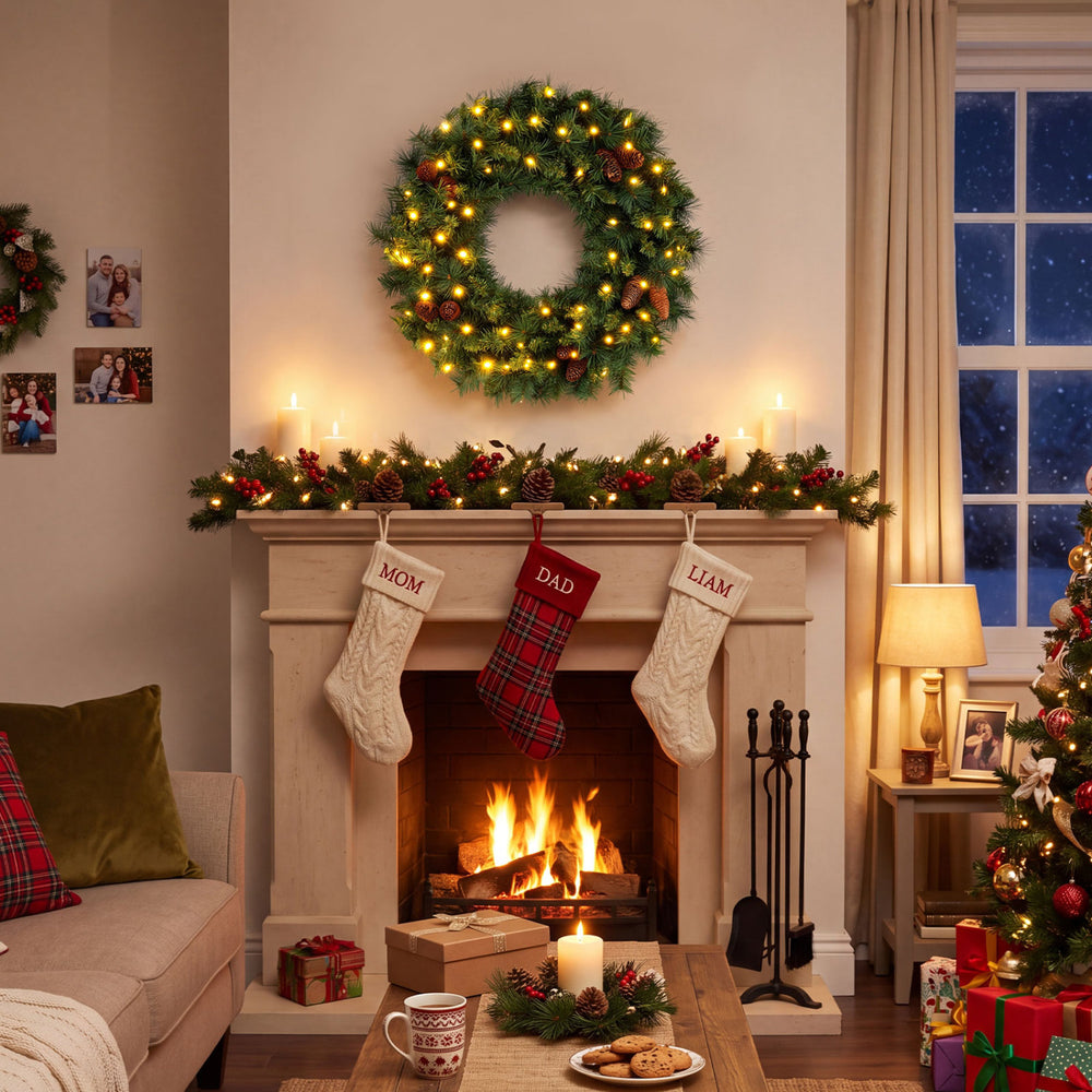 Pre-lit 24" Christmas wreath with 50 LED lights, natural pine cones, and lush green branches for festive decor.