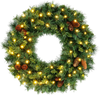 Pre-lit 24"/60 cm Christmas wreath featuring 50 warm white LED lights, 143 branch tips, and 10 natural pine cones.