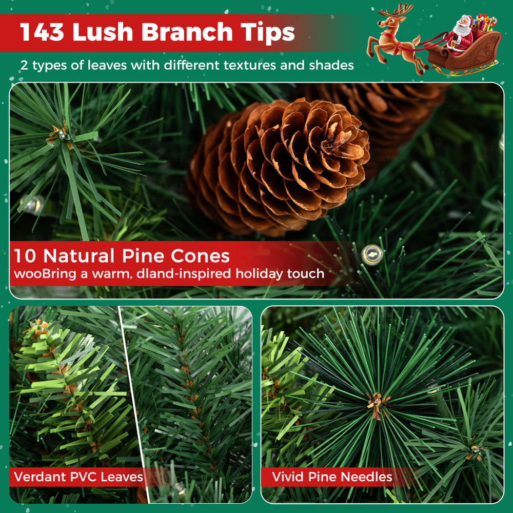 Lush 24"/60 cm pre-lit Christmas wreath features 143 branch tips, 10 natural pine cones, and 50 warm white LED lights.