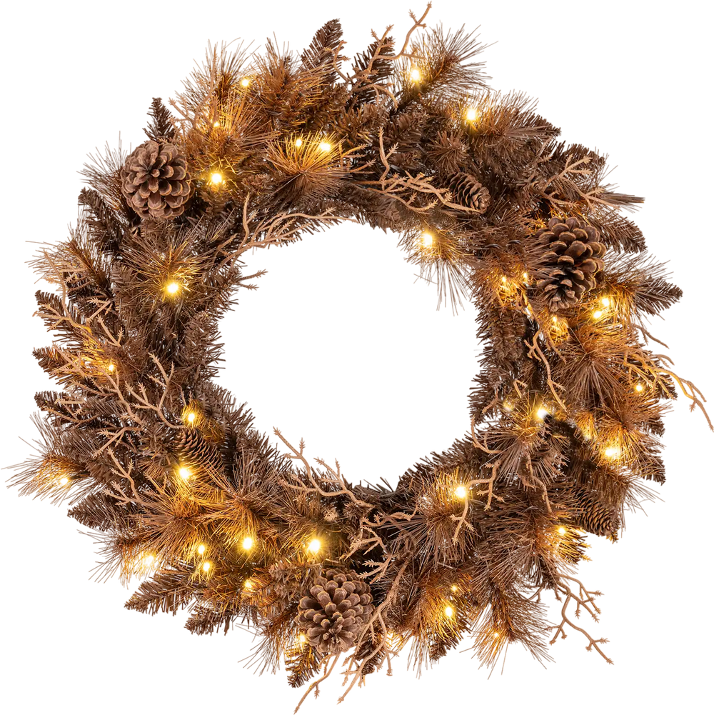 24-inch pre-lit Christmas wreath with 105 branch tips, 35 warm white LED lights, and natural pine cones for festive.