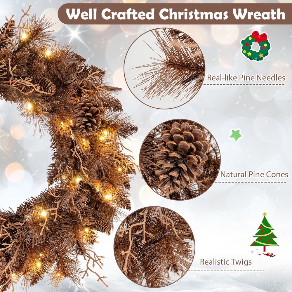 24-inch pre-lit Christmas wreath showcasing realistic pine needles, natural pine cones, and warm white LED lights for.