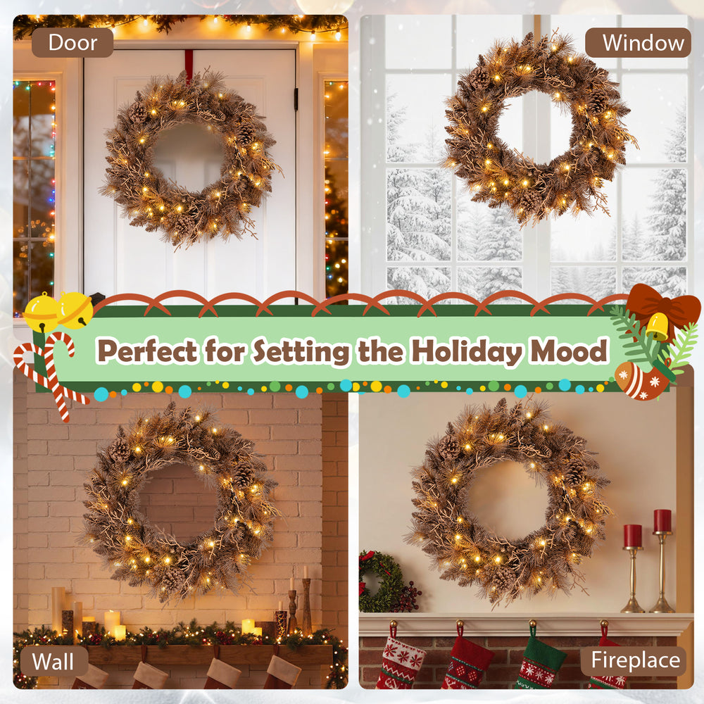 24-inch pre-lit Christmas wreath with 35 warm white LED lights, perfect for decorating doors, windows, or walls.