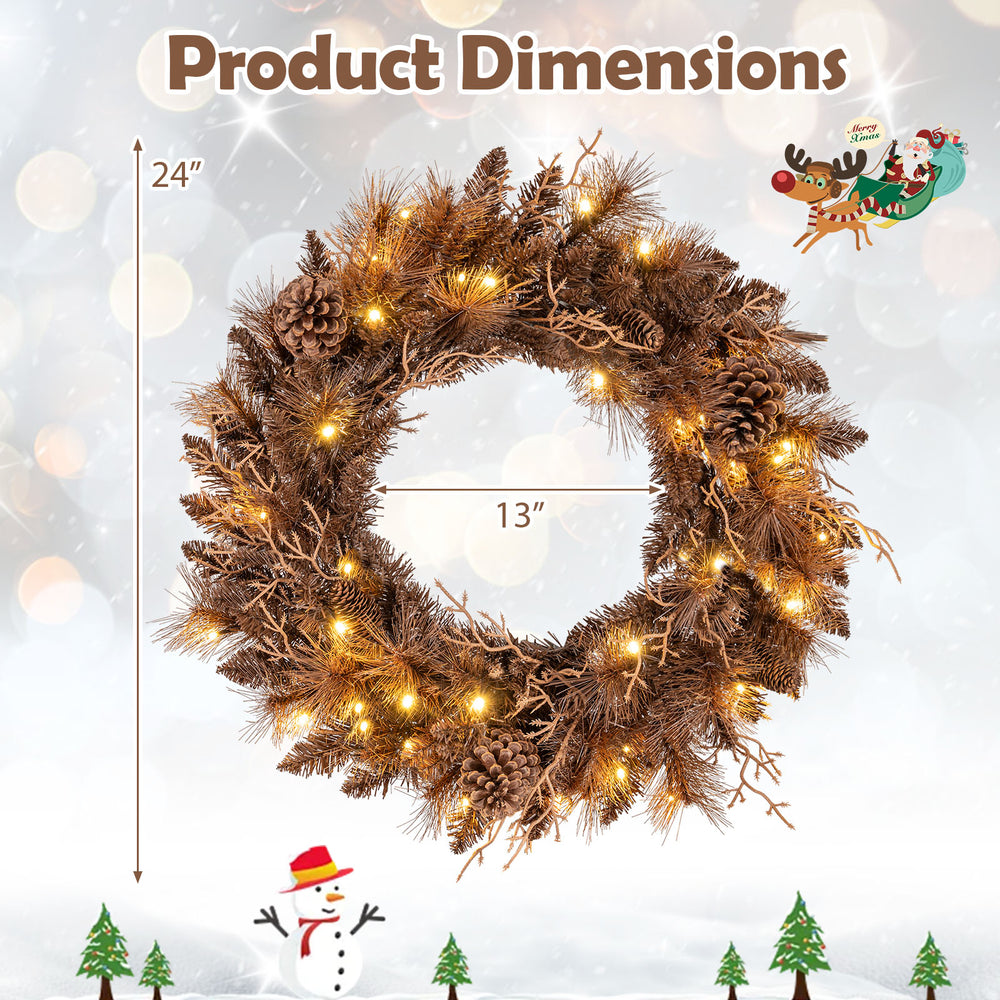 24-inch pre-lit Christmas wreath with 105 branch tips and 35 warm white LED lights, ideal for festive door decoration.