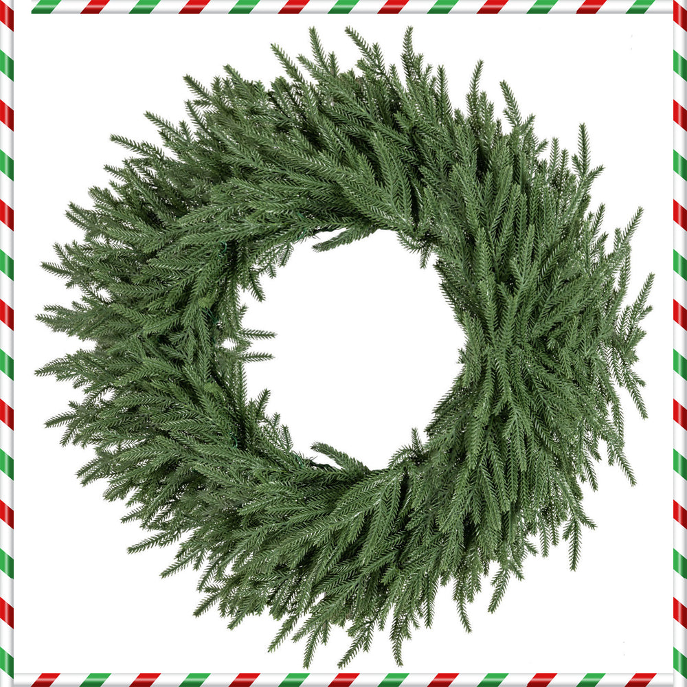 24-inch pre-lit Christmas wreath showcasing 108 vibrant branch tips, ideal for creating a cozy holiday atmosphere.