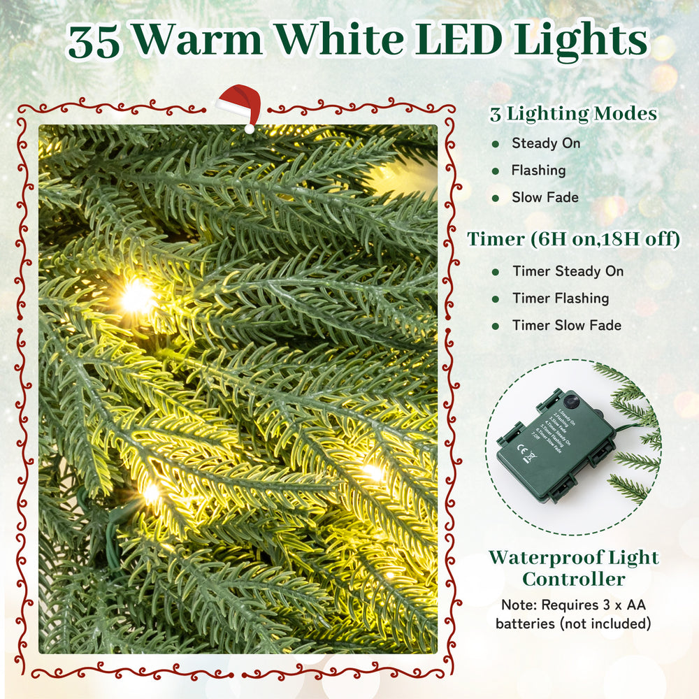 24-inch pre-lit Christmas wreath featuring 35 warm white LED lights and 108 branch tips, ideal for wall or window.