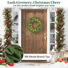24-inch pre-lit Christmas wreath featuring 108 branch tips and 35 warm white LED lights, perfect for door decoration.