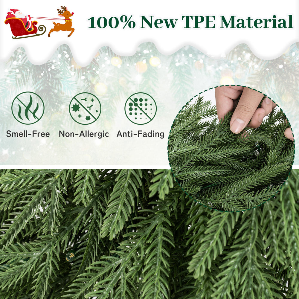 Close-up of 24-inch pre-lit Christmas wreath made from 100% new TPE material, featuring 108 branch tips and 35 warm.
