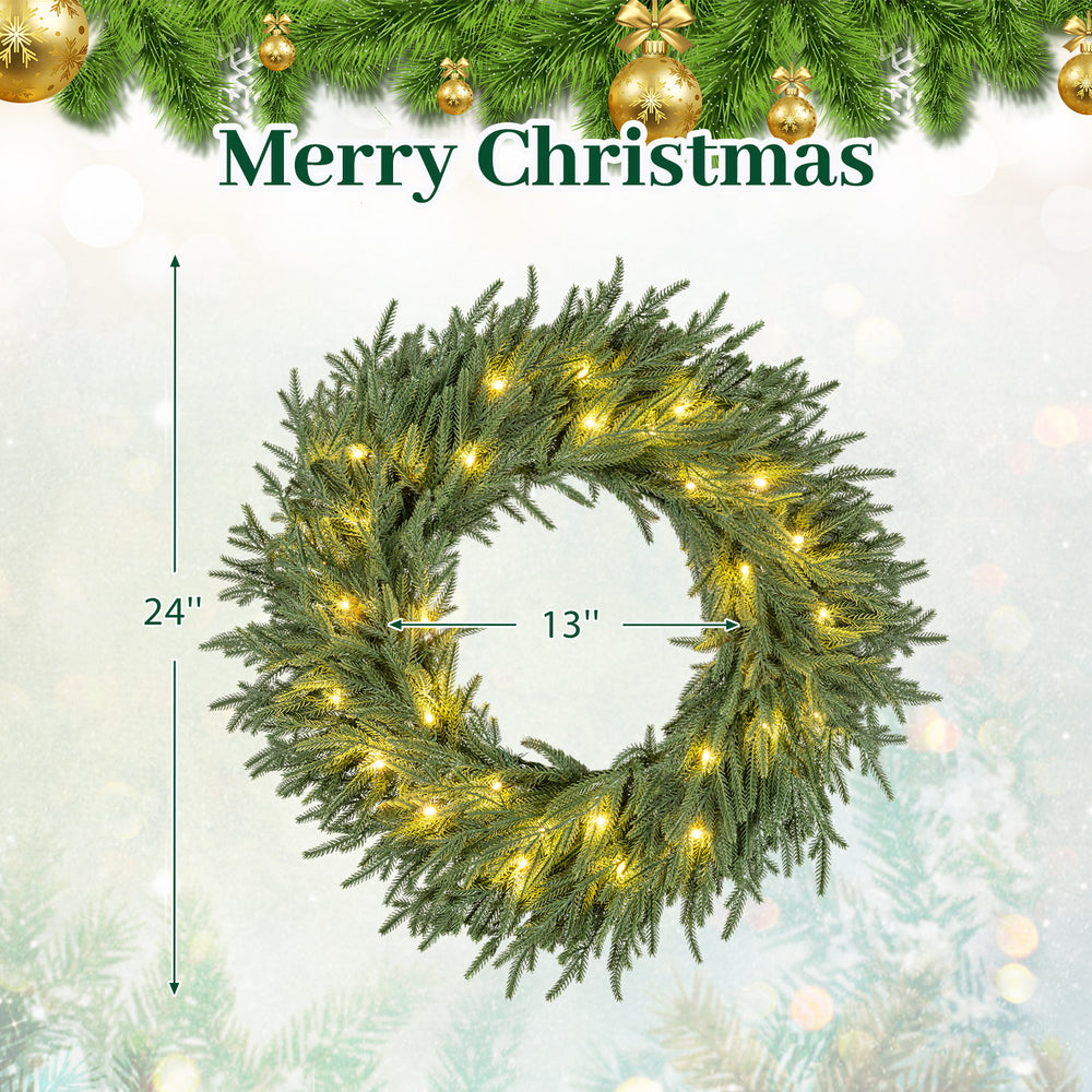24-inch pre-lit Christmas wreath with dimensions of 24" and 13", featuring 108 branch tips and 35 warm white LED lights.