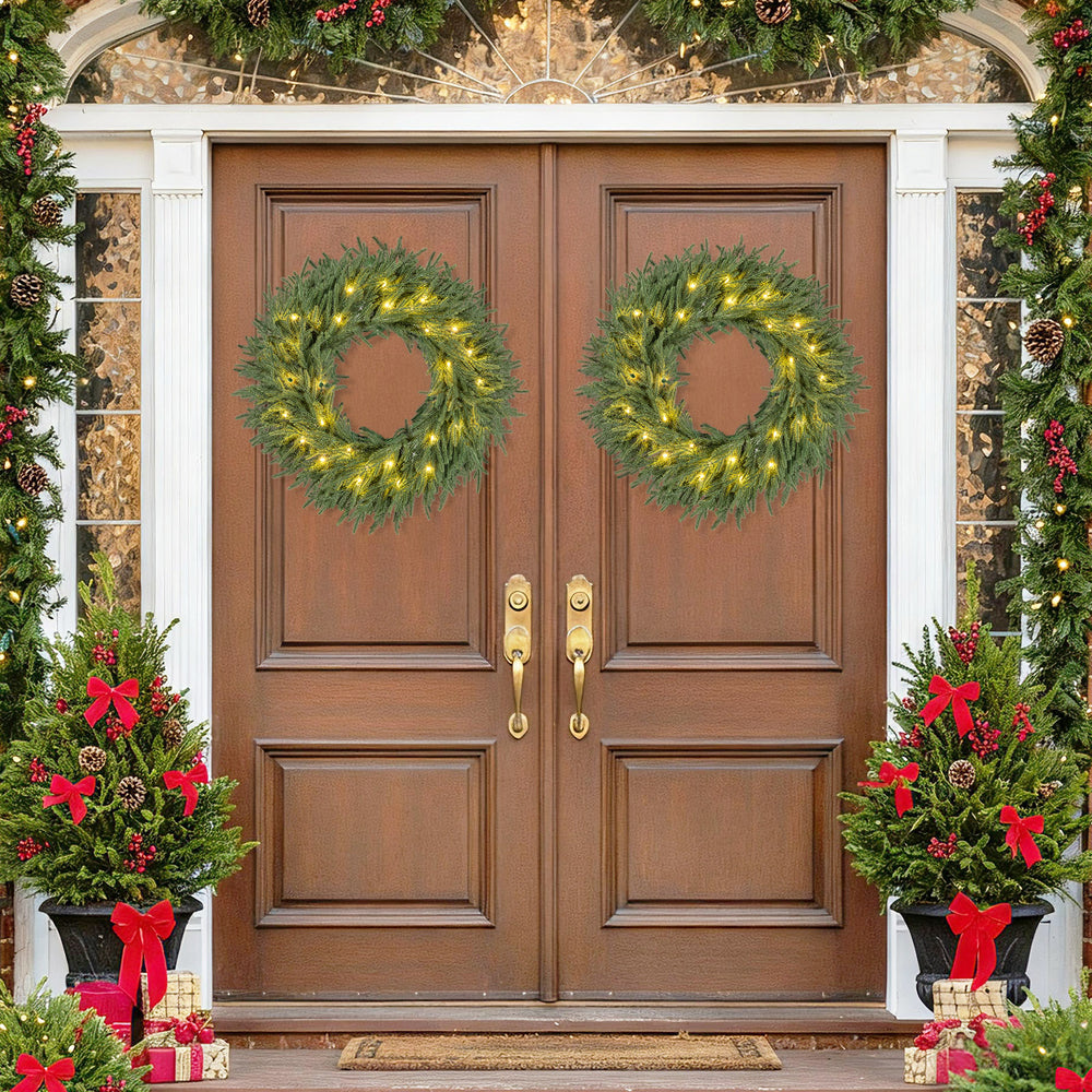 24 Inch Pre-lit Christmas Wreath with 108 Branch Tips and 35 Warm White LED Lights for Wall Window-2 piece - Gallery View 1 of 10