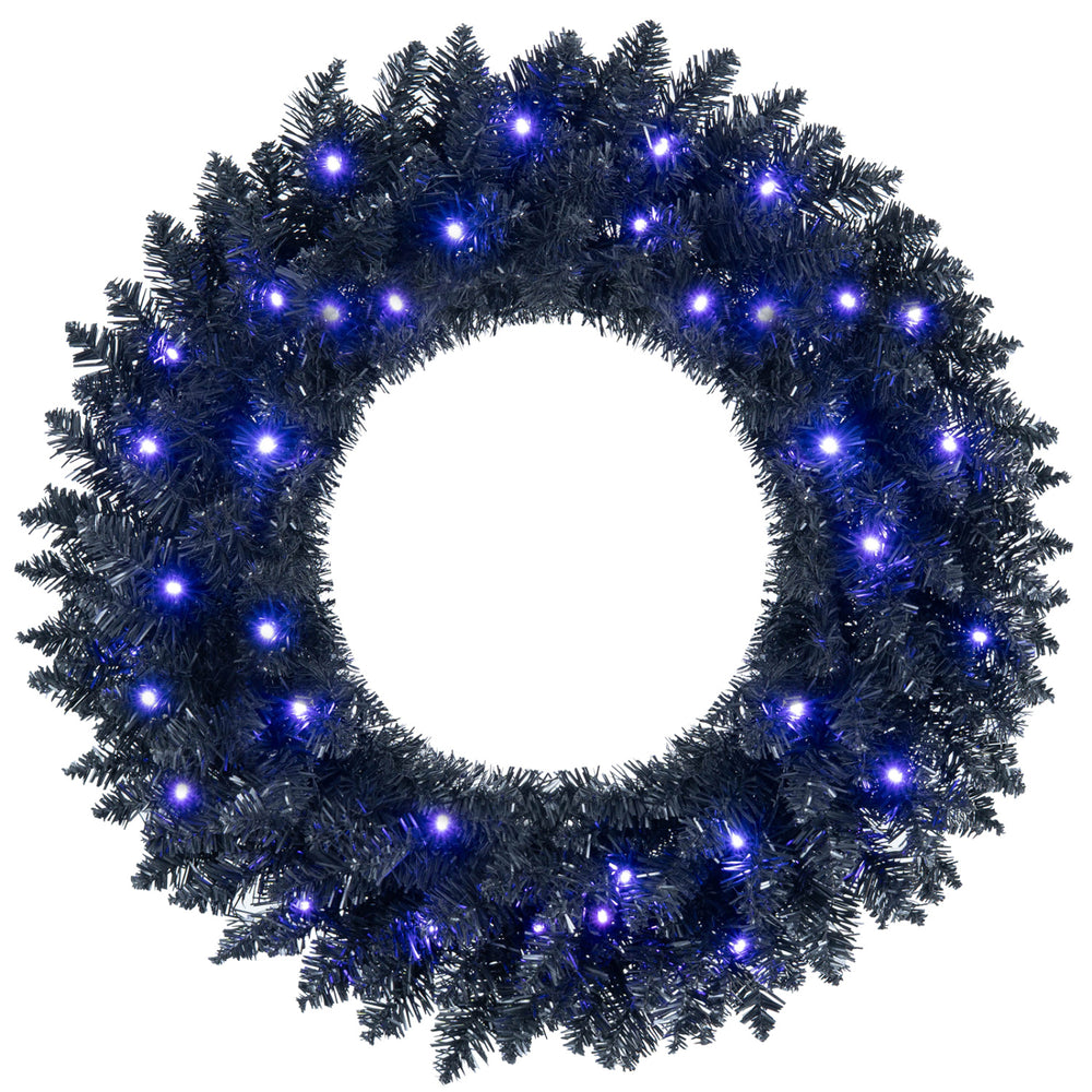 24-inch pre-lit Halloween wreath featuring 35 purple LED lights, perfect for adding a spooky touch to your decorations.