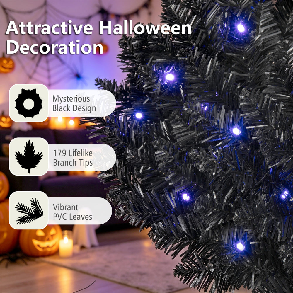 24-inch pre-lit Halloween wreath featuring 35 purple LED lights and 179 lifelike branch tips for festive decoration.