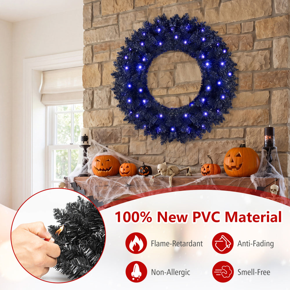 24-inch pre-lit Halloween wreath with 35 purple LED lights made of odorless PVC, perfect for festive indoor decoration.