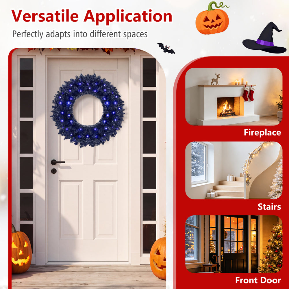 24-inch pre-lit Halloween wreath with 35 purple LED lights, perfect for door or wall decoration to enhance festive spirit.