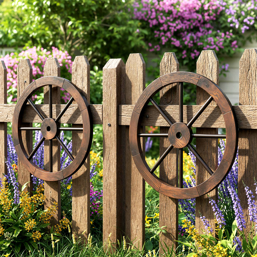 Decorative 24-inch wooden wagon wheels made of carbonized fir wood, enhancing rustic charm for indoor and outdoor.