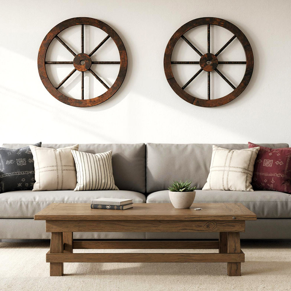 Decorative wooden wagon wheels in carbonized fir wood, 24-inch diameter, perfect for rustic home decor.