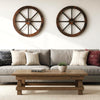 Decorative wooden wagon wheels in carbonized fir wood, 24-inch diameter, perfect for rustic home decor.