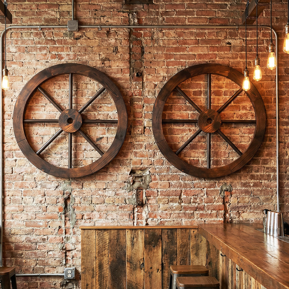Set of 2 decorative wooden wagon wheels, 24-inch diameter, carbonized fir wood, ideal for rustic wall decor.