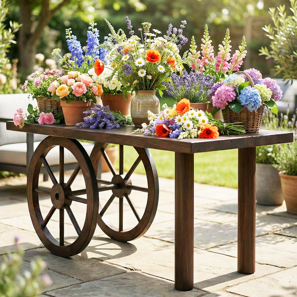Decorative wooden wagon wheel table made of carbonized solid fir wood, perfect for rustic indoor and outdoor decor.