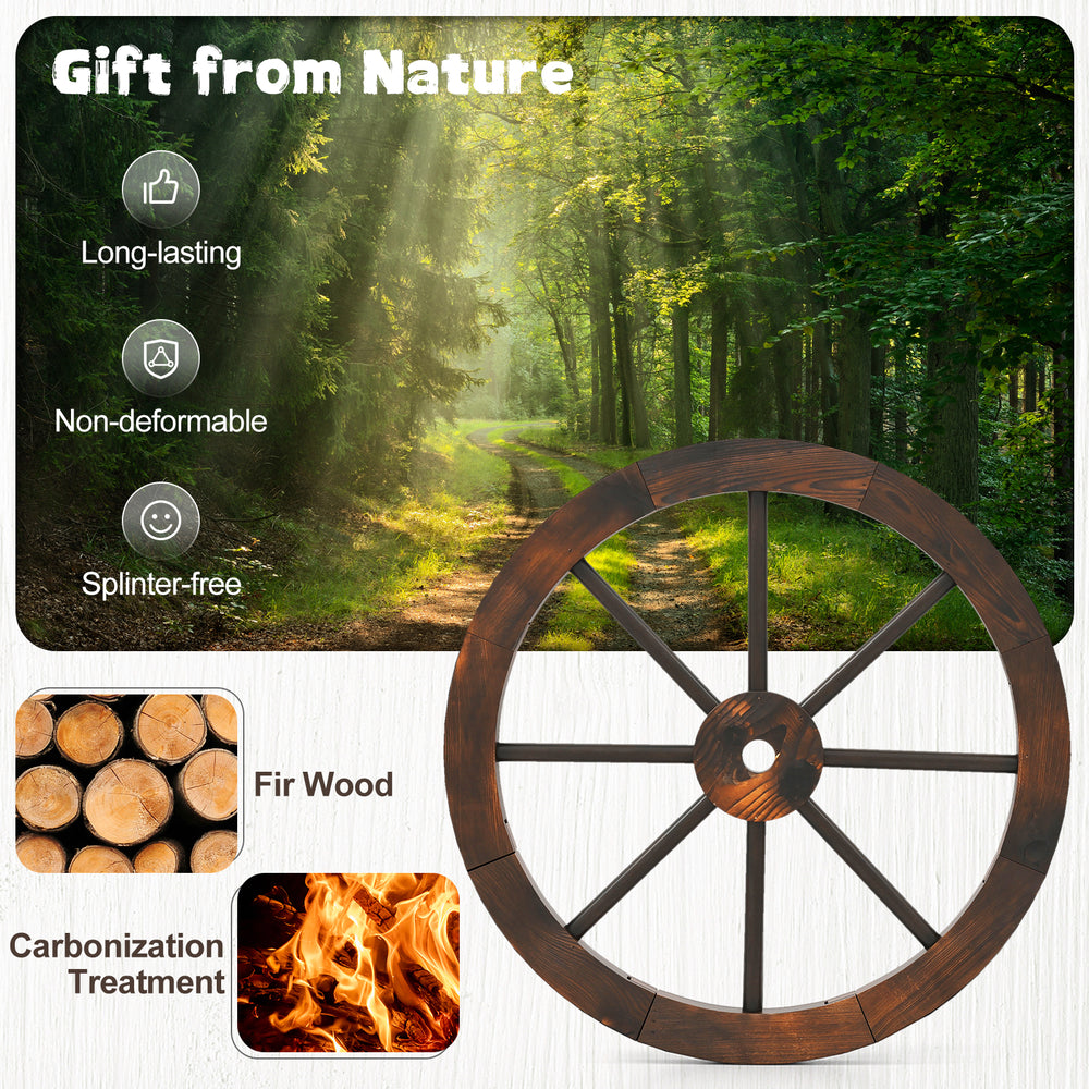 24-inch decorative wooden wagon wheel made of carbonized fir wood, ideal for rustic indoor and outdoor decor.