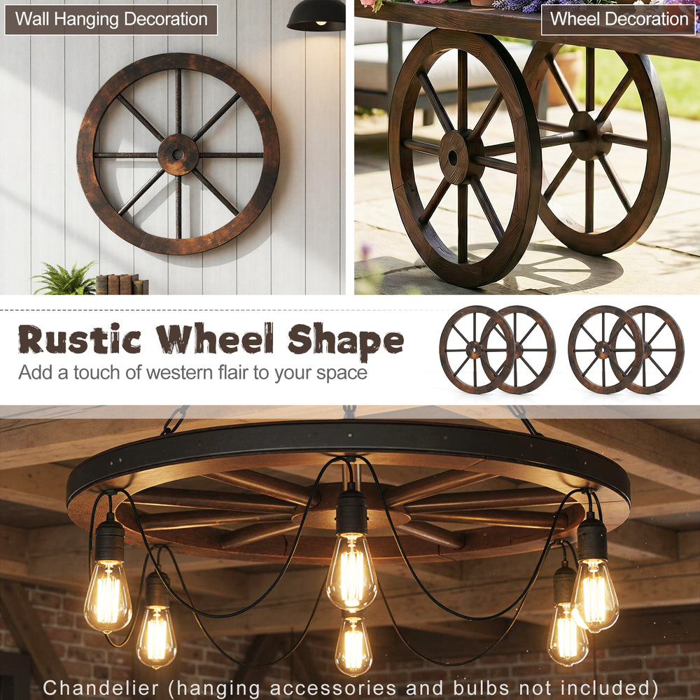Decorative wooden wagon wheel in carbonized fir wood, 24-inch diameter, perfect for rustic wall decor.