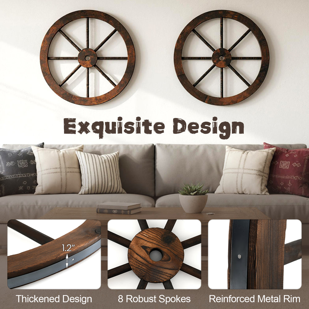 Set of 2 decorative wooden wagon wheels, 24 inches, carbonized solid fir wood with robust metal rim for rustic decor.