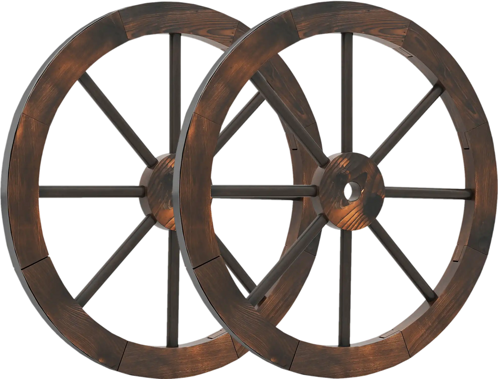 Set of 2 decorative 24-inch wooden wagon wheels in carbonized fir wood, perfect for rustic home decoration.
