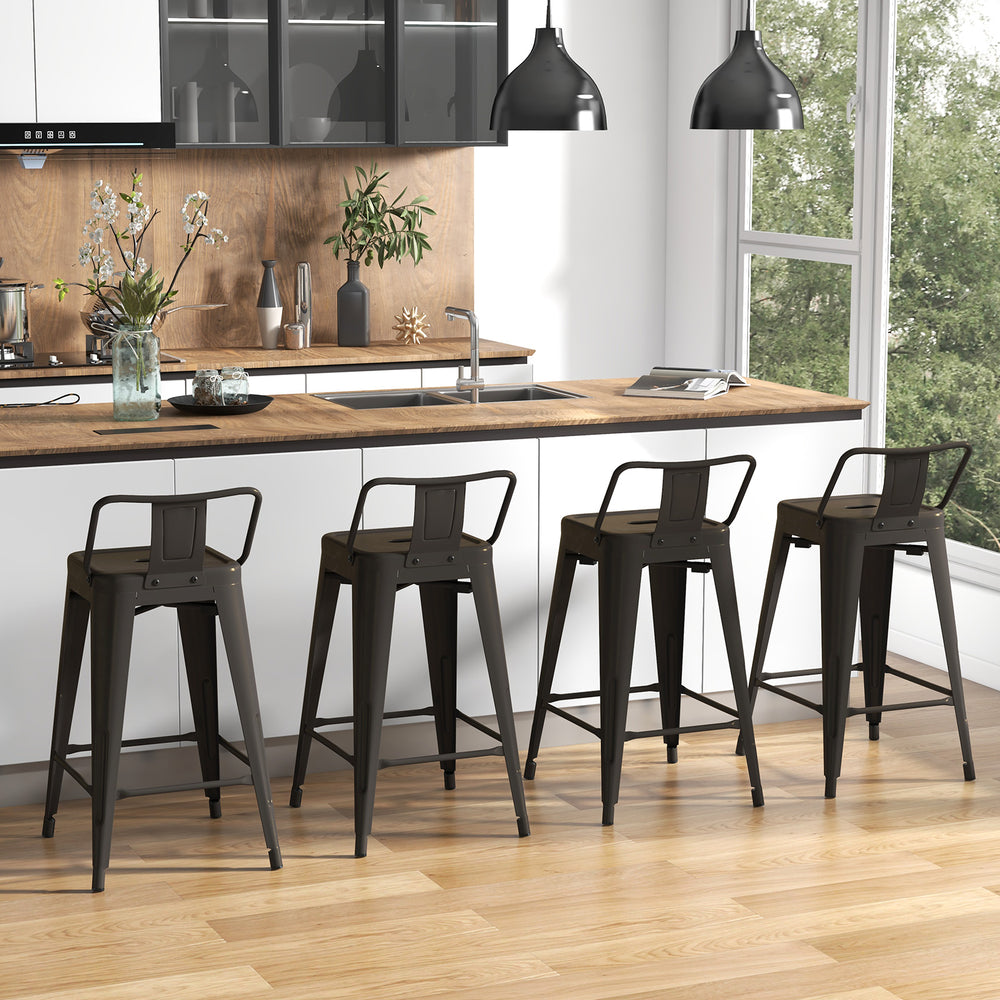 Set of 4 black 24-inch cafe side chairs with removable backs, perfect for kitchen islands and home bars.