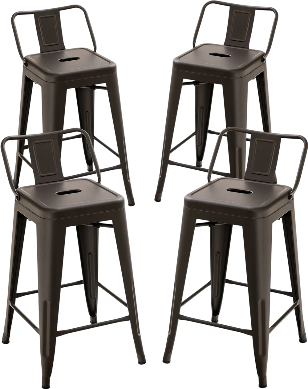 Set of 4 gun metal cafe side chairs with removable backs, ergonomic design, perfect for kitchens and bars.