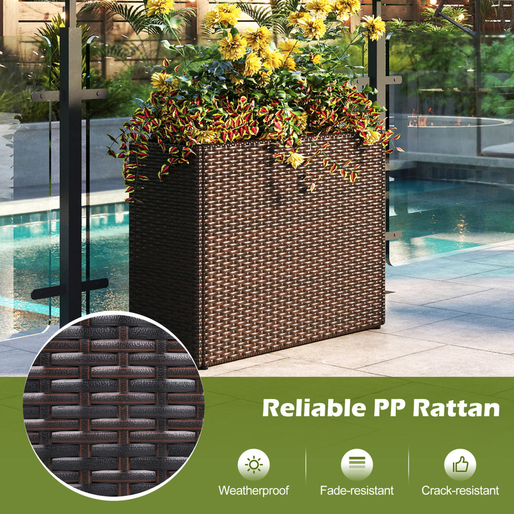 Tall raised garden bed made of weatherproof PE rattan, ideal for indoor and outdoor plant cultivation.