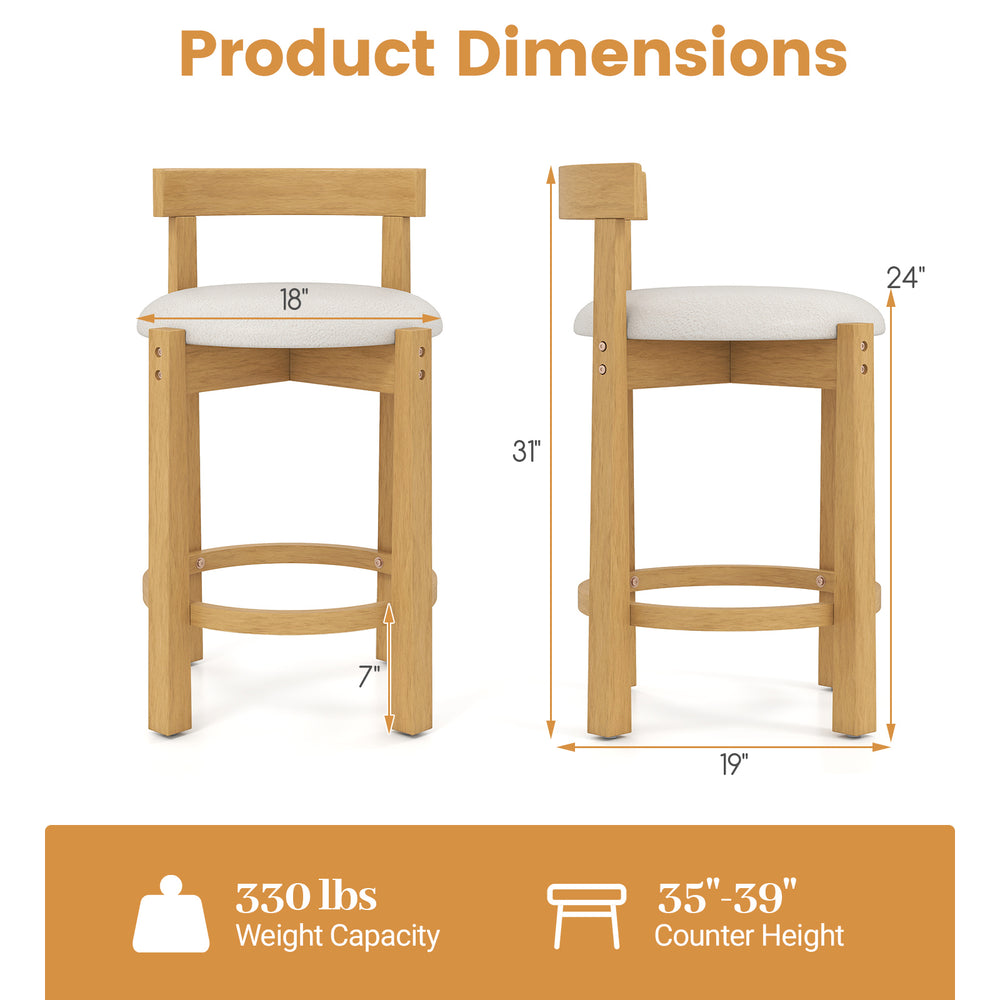 Counter height bar stools with 24" teddy velvet seats, solid rubber wood frame, and ergonomic backrests for kitchen.