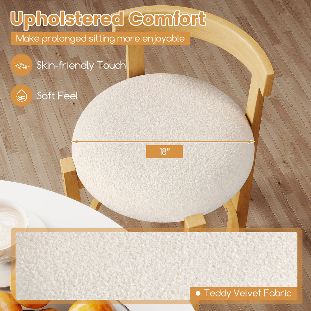Round 18" seat of a 24" Teddy Velvet upholstered counter height bar stool, featuring a stylish shell-shaped backrest.