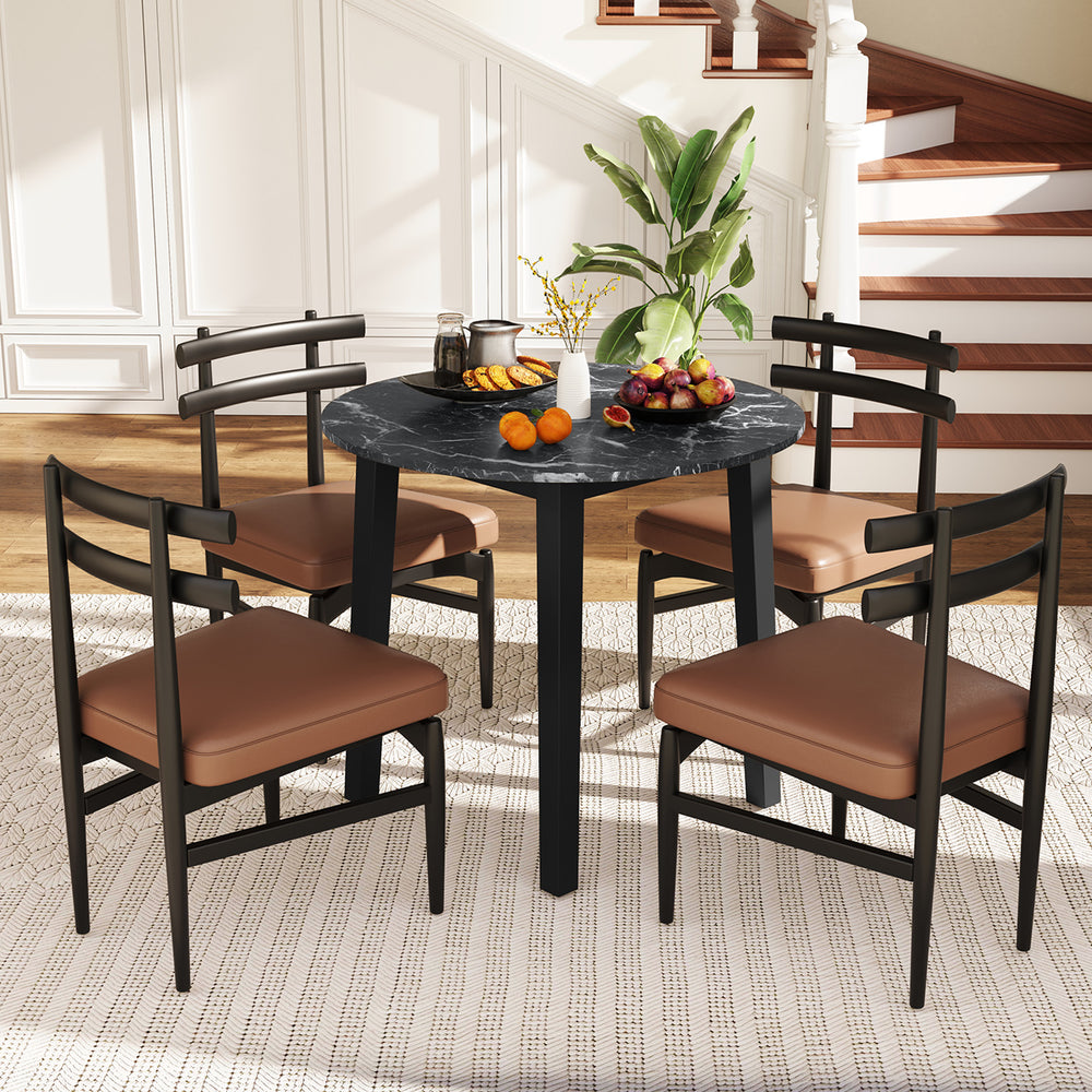 35 Inch Round Dining Table with Rubber Wood Legs and Marble-textured Veneer Tabletop-Black - Gallery View 1 of 10