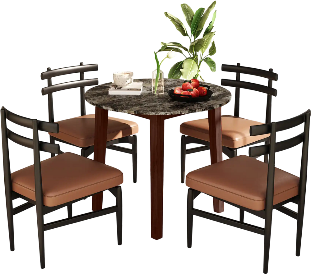 Round dining table with marble-textured veneer and rubber wood legs, perfect for dining and working in elegant spaces.