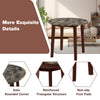 Round dining table with brown rubber wood legs and marble-textured veneer, featuring non-slip foot pads for stability.
