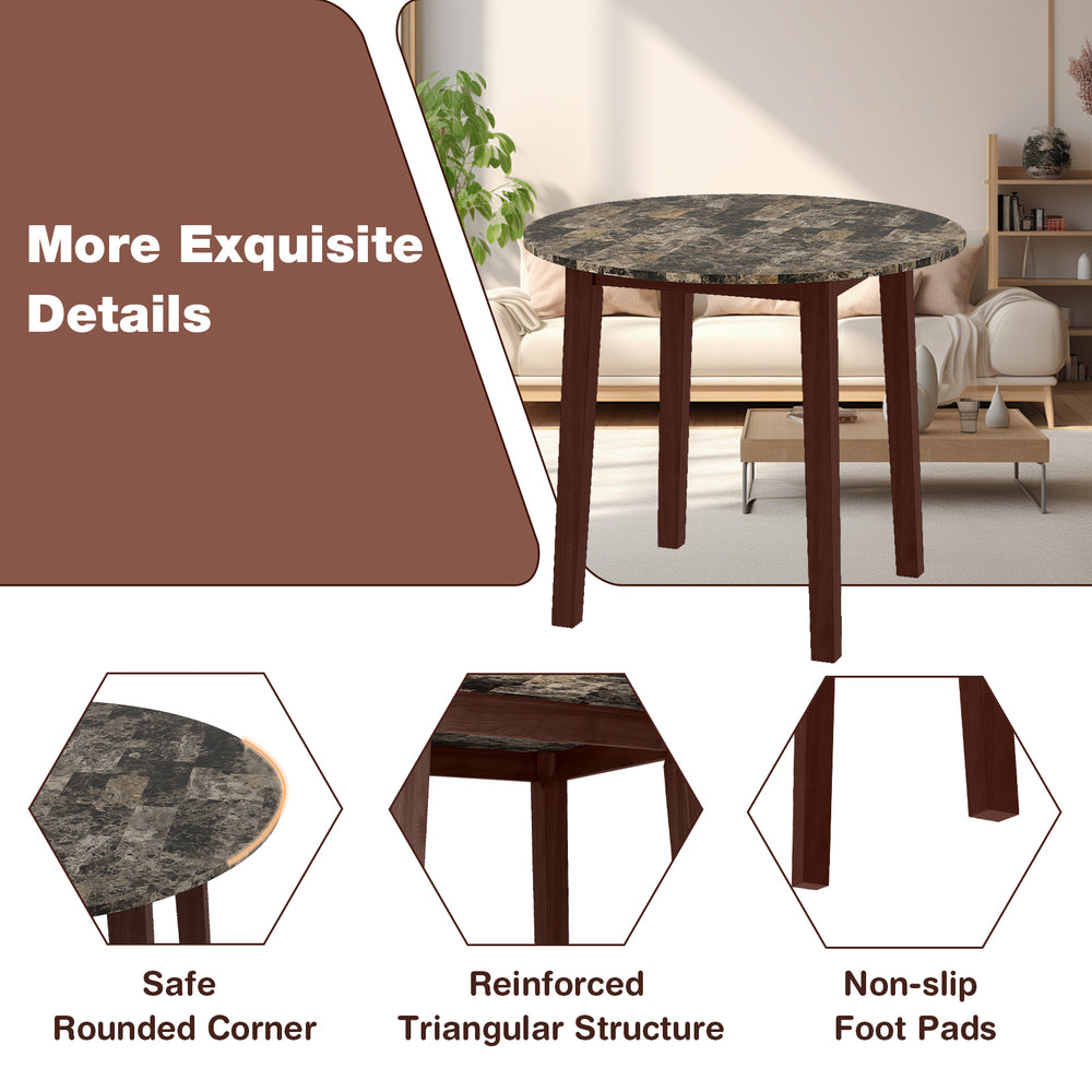 Round dining table with brown rubber wood legs and marble-textured veneer, featuring non-slip foot pads for stability.