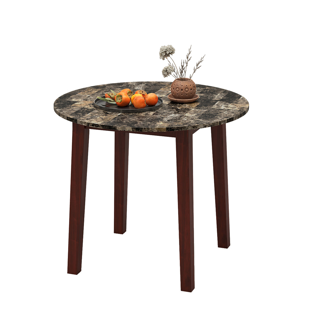 Round 35-inch dining table with rubber wood legs and marble-textured veneer, perfect for dining and working.