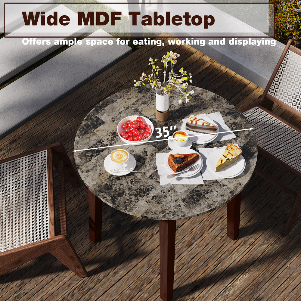 Round 35" dining table with marble-textured veneer and rubber wood legs, perfect for dining and working.