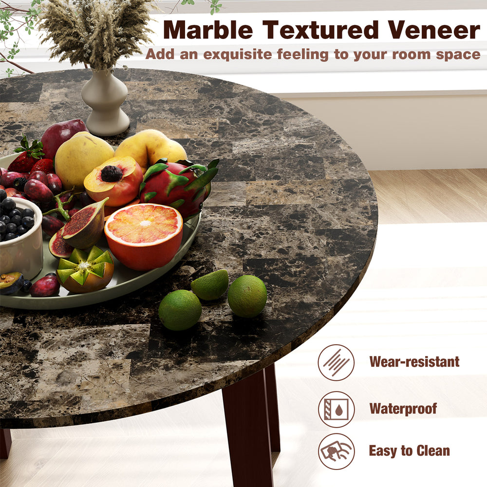 Round dining table with marble-textured veneer, 35" surface, rubber wood legs, waterproof and wear-resistant for easy.