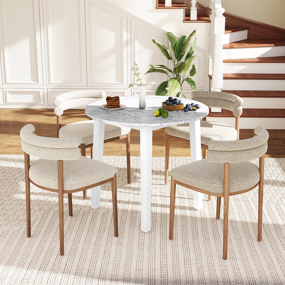 35 Inch Round Dining Table with Rubber Wood Legs and Marble-textured Veneer Tabletop-White - Gallery View 1 of 10