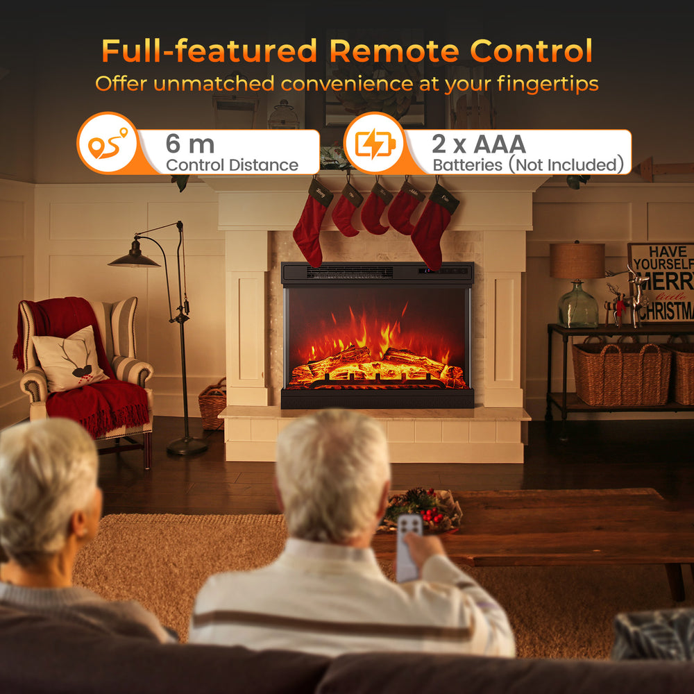 24-inch 3-sided glass electric fireplace heater with remote control, 5000 BTU, ideal for cozy living room heating.
