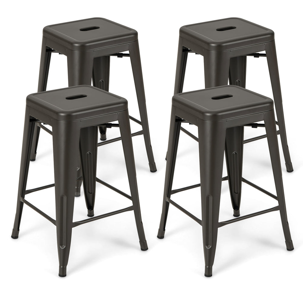 Set of 4 stackable 24-inch Tolix style barstools in gunmetal, featuring a waterproof surface and anti-skid foot pads.