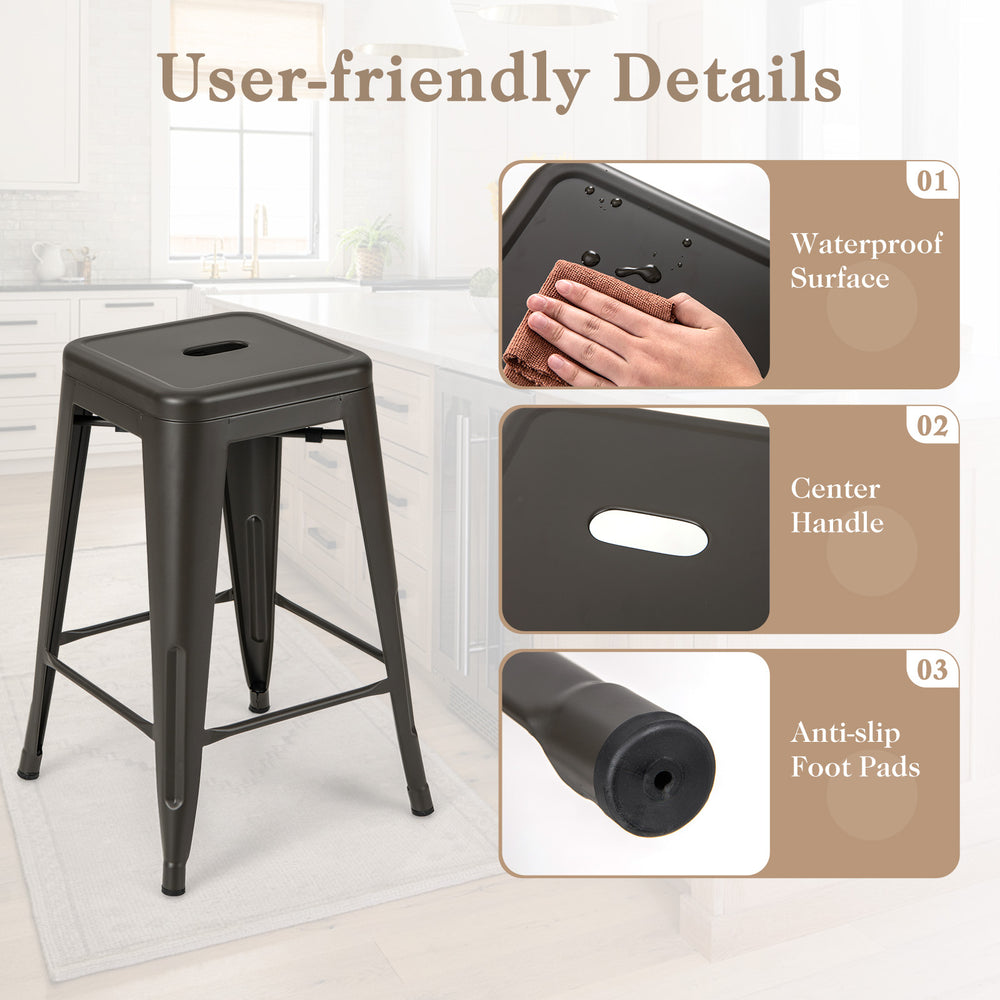 User-friendly 24-inch gun metal barstool with waterproof surface, center handle, and anti-slip foot pads for stability.