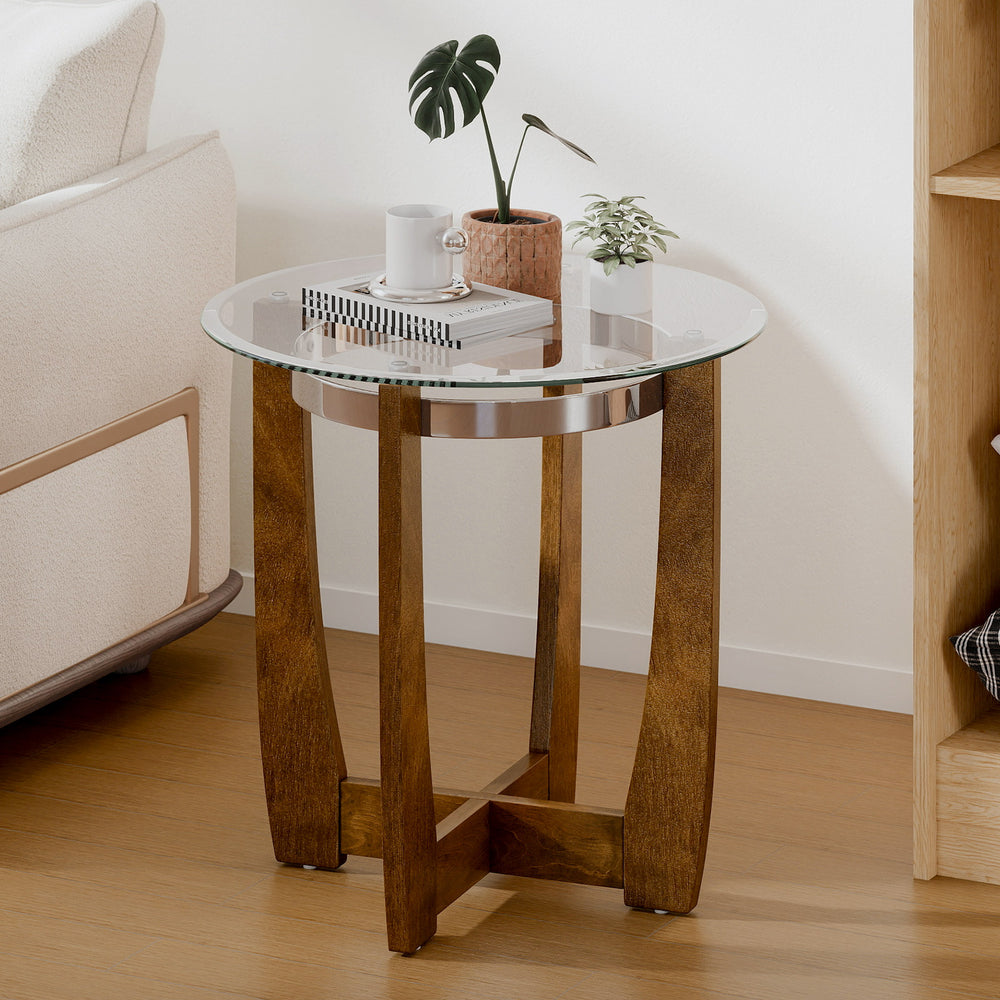 24 Inches Round Side Table with Tempered Glass Top and Solid Rubber Wood Base-Walnut - Gallery View 1 of 9