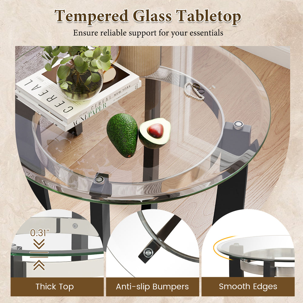 24-inch round side table featuring a 0.31" thick tempered glass top and solid rubber wood base, ideal for living spaces.