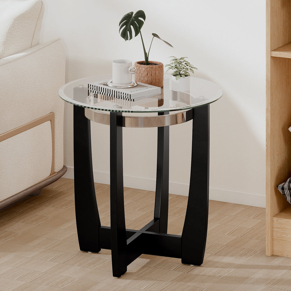 24 Inches Round Side Table with Tempered Glass Top and Solid Rubber Wood Base-Black - Gallery View 1 of 9