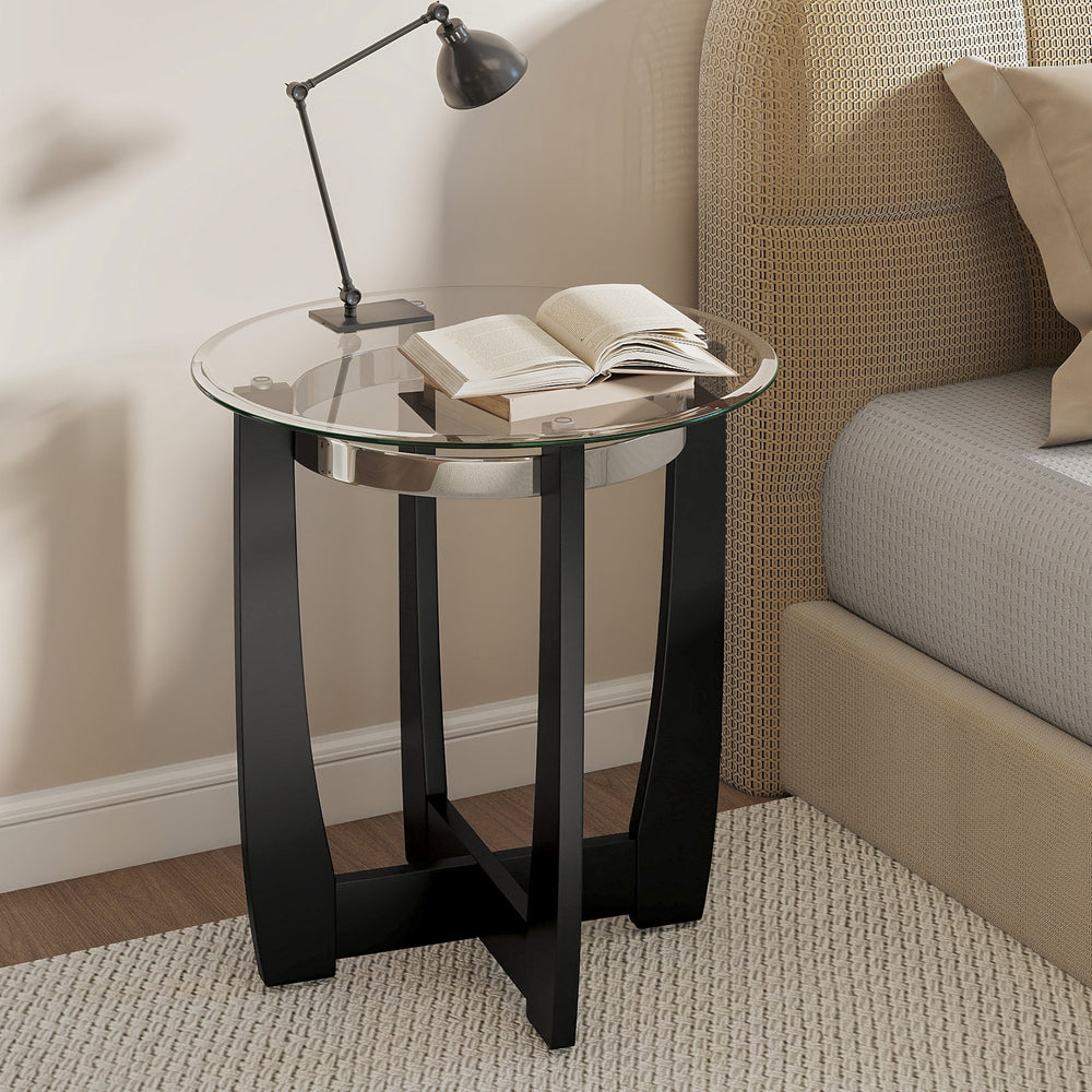 Round side table with a 0.31" tempered glass top and solid rubber wood base, ideal for living room or bedroom use.